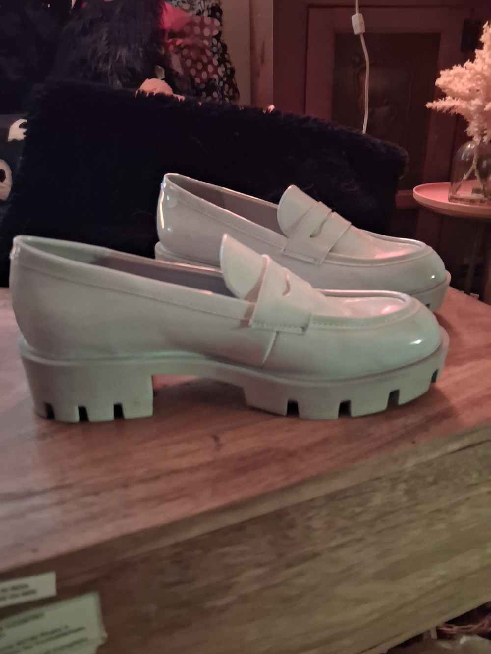 Nine West Glossy Pale Pink Lug Sole Penny Loafers